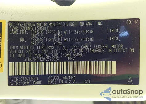 2017 Toyota Highlander Xle z USA, uszkodzony, nr VIN 5TDKZRFH2HS520967